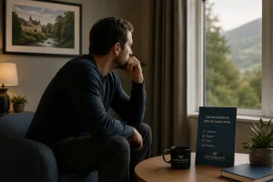a man staring out of a window as he contemplates his opioid addiction