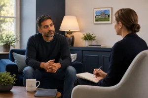 a male patient receiving opioid addiction treatment from his therapist