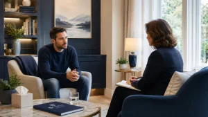 A patient discusses PTSD and addiction with a therapist during a calm, supportive PTSD treatment session.