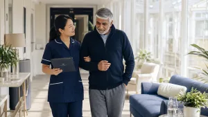 a male patient waling through a corridor with a nurse who is discussing porn detoxification process