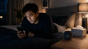a man dealing with porn addiction as he lies on his bed looking at his phone.