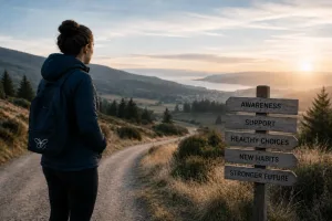 a woman staring out across a beautiful view as she considers her options to prevent a relapse on her addiction recovery