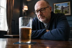 a man staring at his pint of beer as he considers the safe limits of alcohol