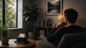 man sitting on a sofa looking out into the distance, out of the window, contemplating sex addiction treatment