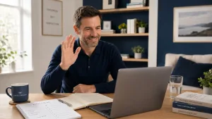 a man conducting online therapy as he waives at his laptop as he receives addiction rehab aftercare