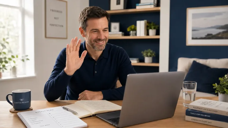 a man conducting online therapy as he waives at his laptop as he receives addiction rehab aftercare