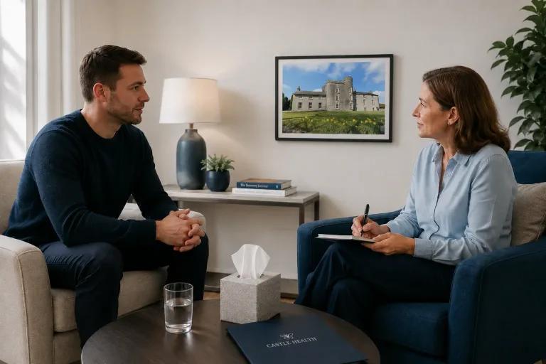 a patient receiving alcohol addiction treatment from his castle health therapist