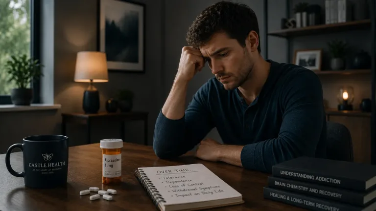 Person reflecting on the progression of benzodiazepine addiction with prescription medication and recovery notes