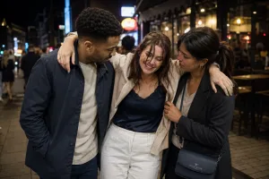 a woman being carried by her friends due to her binge drinking