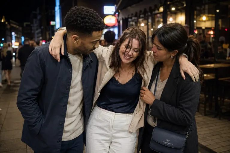 a woman being carried by her friends due to her binge drinking