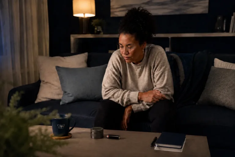 a woman suffering with cannabis addiction staring at her grinder and lighter on the table