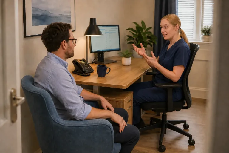 a patient being consulted on the cannabis detox he's about to undertake, by a nurse