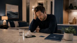 a man sat a his table with his head in his hands contemplating seeking cocaine addiction help