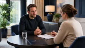 a man with his female therapist receiving cocaine addiction treatment