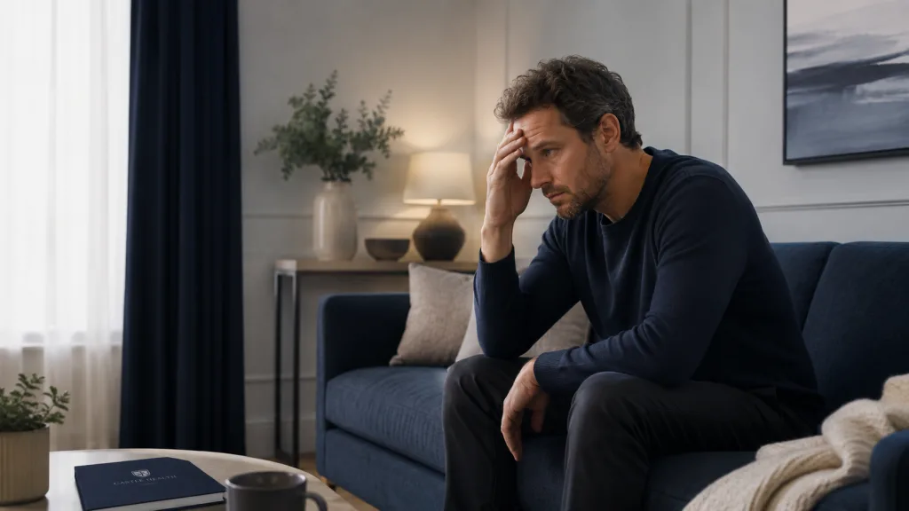 A man sits in quiet reflection, illustrating the link between cocaine and mental health and the psychological effects of addiction.