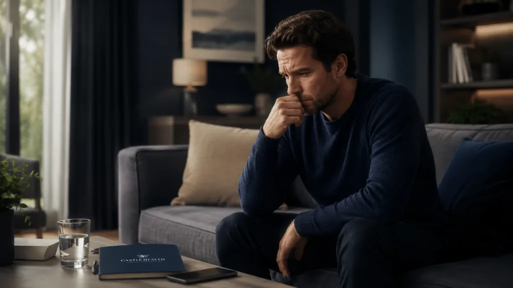 A man sits in thoughtful reflection in his living room, contemplating how to stop craving cocaine and recognising when support might be needed.