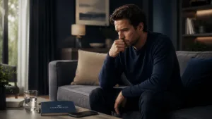 A man sits in thoughtful reflection in his living room, contemplating how to stop craving cocaine and recognising when support might be needed.
