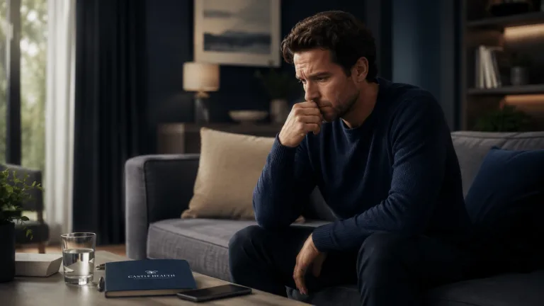 A man sits in thoughtful reflection in his living room, contemplating how to stop craving cocaine and recognising when support might be needed.