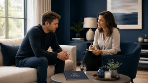 A patient speaks with a therapist in a calm setting, illustrating Depression and addiction treatment in a supportive recovery environment.A patient speaks with a therapist in a calm setting, illustrating Depression and addiction treatment in a supportive recovery environment.