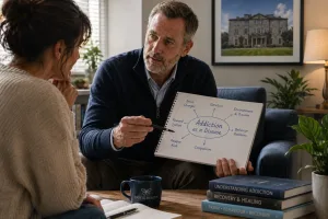 a castle health therapist guiding his patient on what the disease model of addiction is