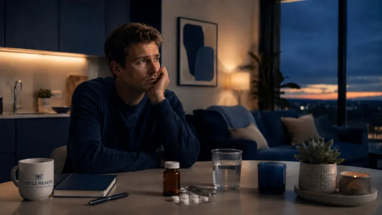 A man sits quietly beside medication, thinking about how drugs affect your mental health and emotional wellbeing.