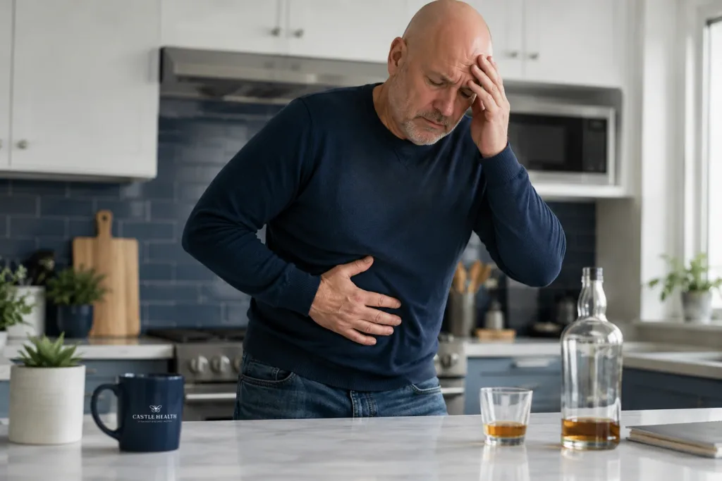 a man standing in his kitchen suffering with the effects of alcohol on his health