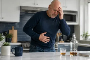 a man standing in his kitchen suffering with the effects of alcohol on his health