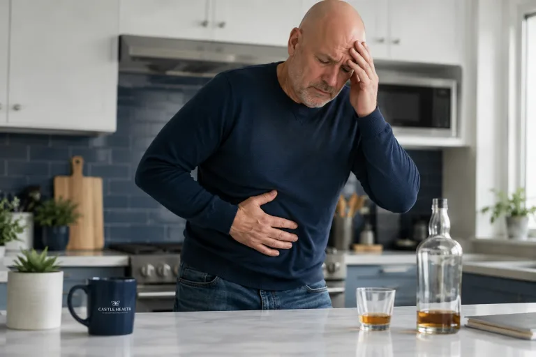 a man standing in his kitchen suffering with the effects of alcohol on his health