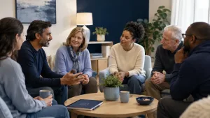 A family sits together in a mutual-help group, illustrating Family addiction support in a calm and welcoming setting.