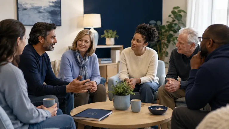 A family sits together in a mutual-help group, illustrating Family addiction support in a calm and welcoming setting.