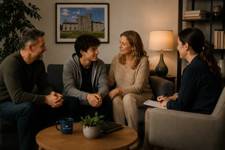 a family benefiting from a family support programme provided by their therapist
