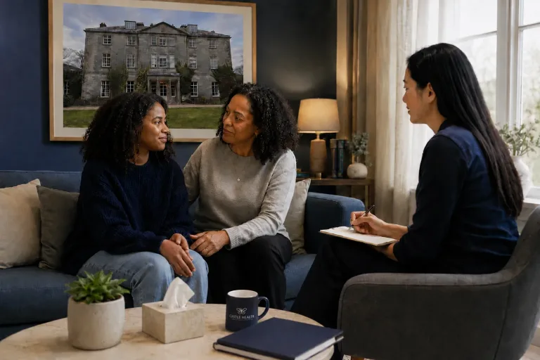 a mother and daughter sitting on the sofa with a therapist sitting opposite them providing family therapy