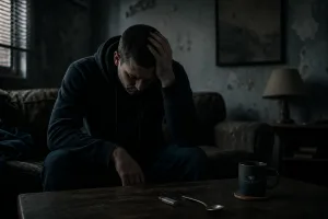 a man with a heroin addiction sitting on his sofa in despair