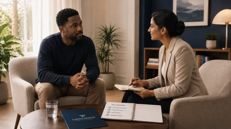 a man receiving ketamine addiction treatment from his addiction therapist sitting opposite him