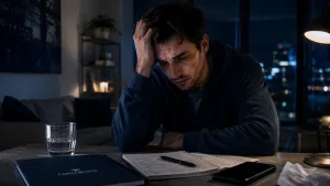 man living with crystal meth addiction sitting at his desk with his head in his hands