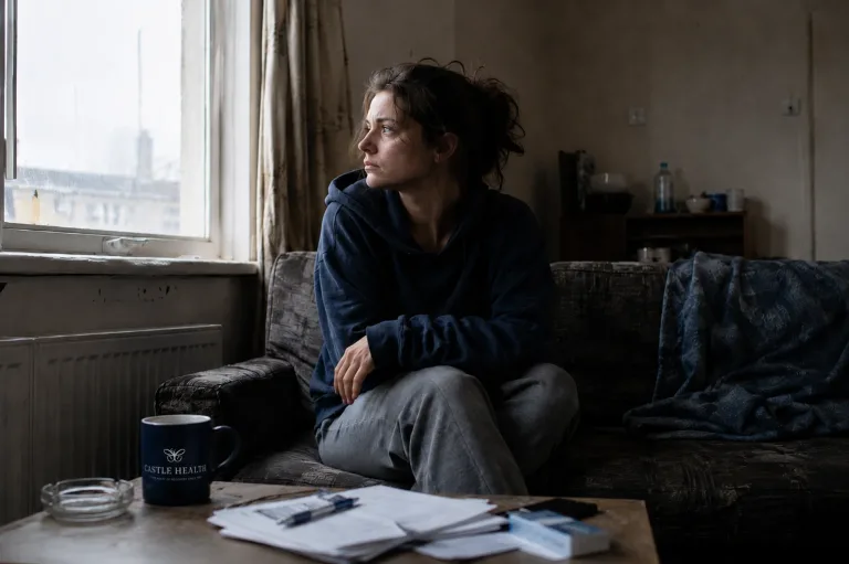 a woman sitting and staring out of a window as she questions her addiction to meth