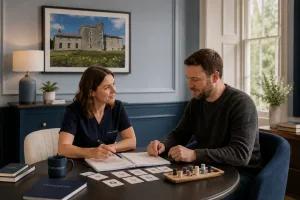 a patient with his therapist undertaking occupational therapy whilst in addiction recovery