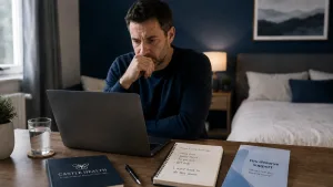 A man sits at a laptop in a quiet bedroom with support materials nearby, while seeking porn addiction help online
