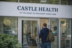 a man walking in to a castle health outpatient treatment clinic to seek help with his addiction