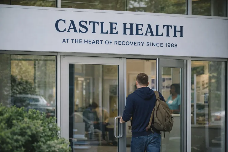 a man walking in to a castle health outpatient treatment clinic to seek help with his addiction