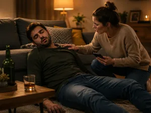 A woman supports a heavily intoxicated man slumped beside a sofa, showing the warning signs of being paralytic drunk.