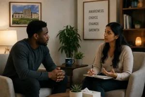 a man receiving porn addiction treatment from his addiction therapist sitting opposite him