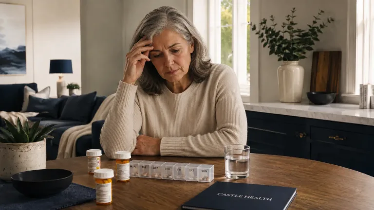 a woman with a prescription drug addiction looking woefully at her medication