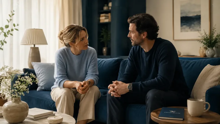 A couple sit together in a calm living room, showing a caring conversation about a sex addict husband or wife and how to approach the subject with compassion.