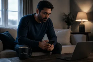 a man sitting staring at his phone as he contemplates his addiction to sex