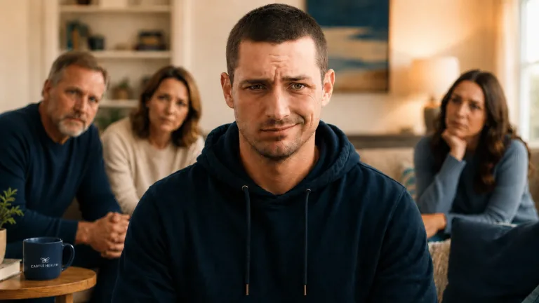 a man with a concerned family behind him showing signs of heroin addiction