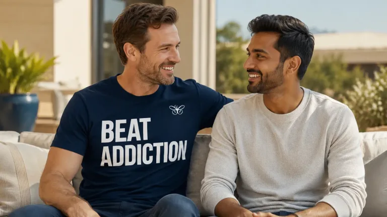 two happy men sitting next to each other, one an ex addict and the other his sober companion