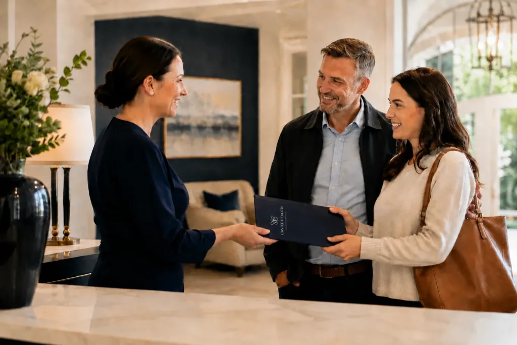 a couple seeking treatment about to shake hands with an admissions co-ordinator