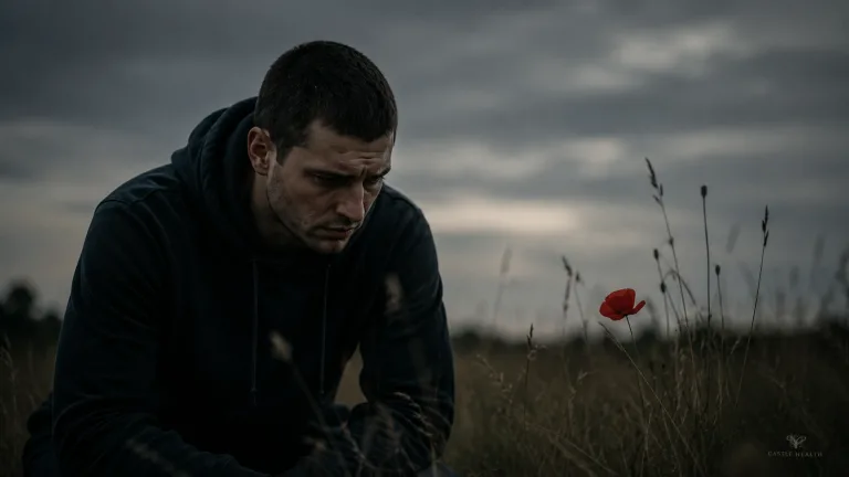 a man staring at a poppy as he wonders what heroin is and where it comes from