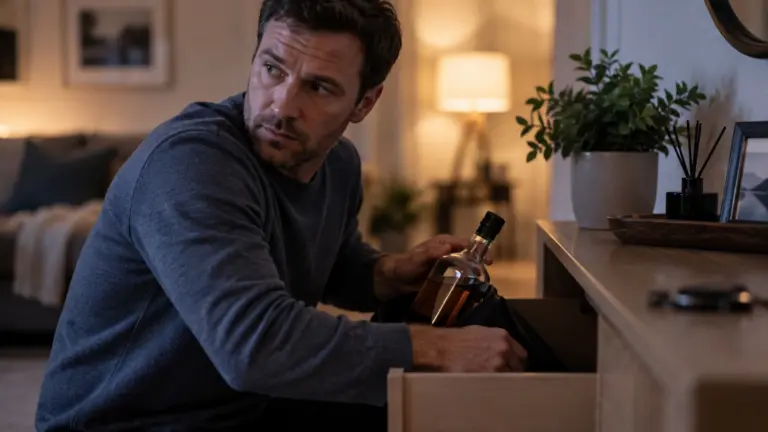 A man crouches by an open drawer in a softly lit living room, hiding a bottle of alcohol during a moment of secret drinking.